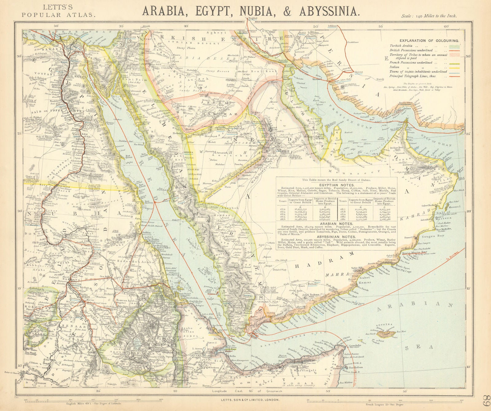 ARABIA Deba/Dubai Abothubi/Abu Dhabi Katar/Qatar Hejaz Oman. LETTS 1892 map